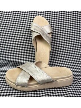 Paul Green Silver Metallic Slide Sandals UK 7.5 US 10 Leather Platform Comfort